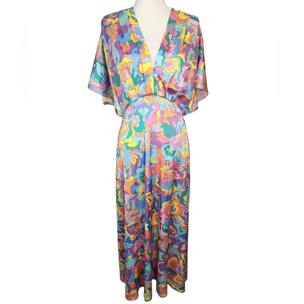 Boston Proper Abstract Sol Print V Neck Colorful Floral Maxi Dress. M - Picture 4 of 14
